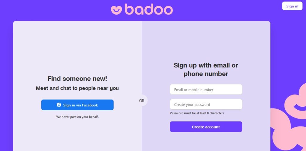 Badoo sign up form